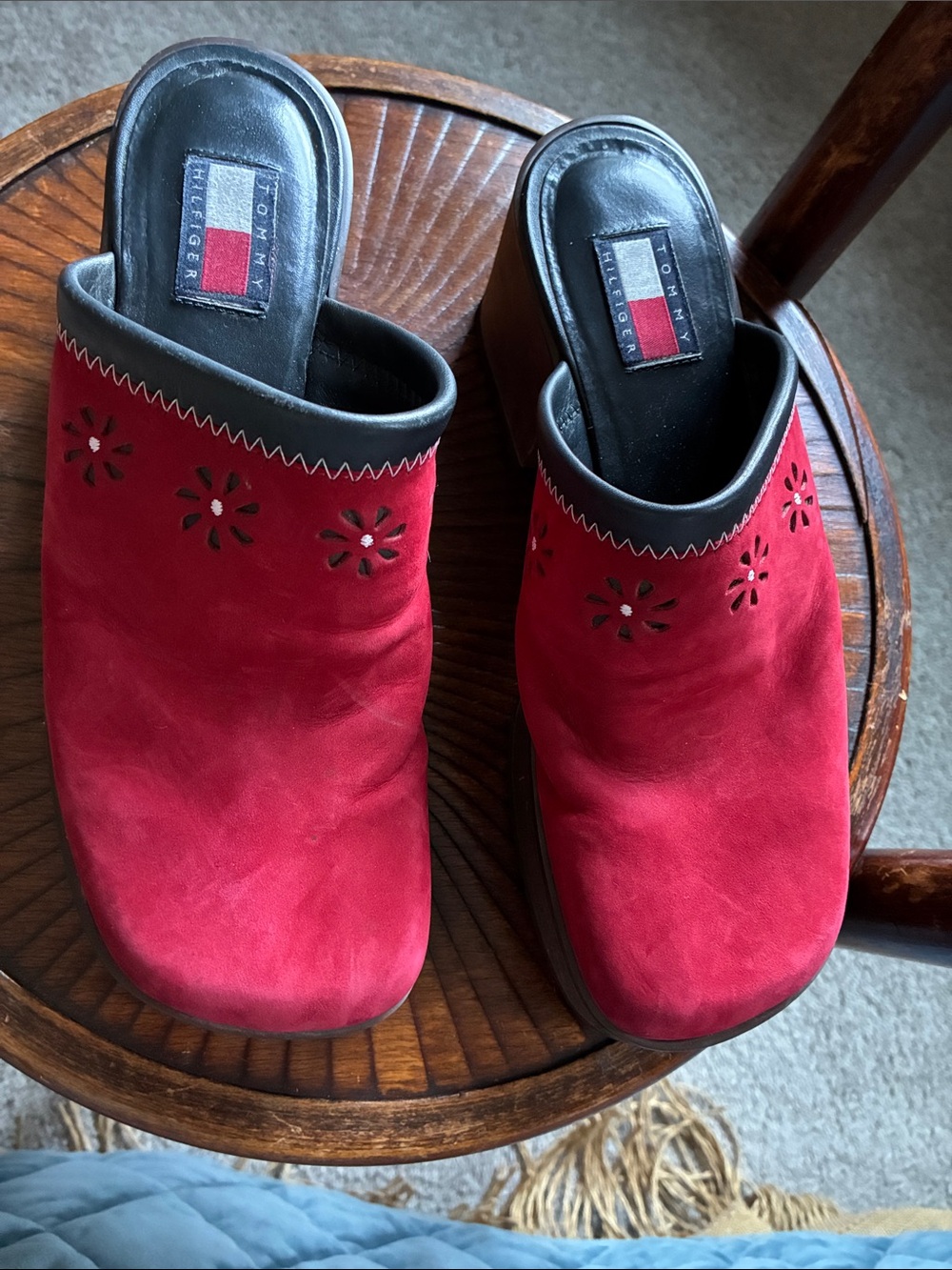 Tommy Hilfiger Red Suede Floral Cutout clogs    Wood heels cute!